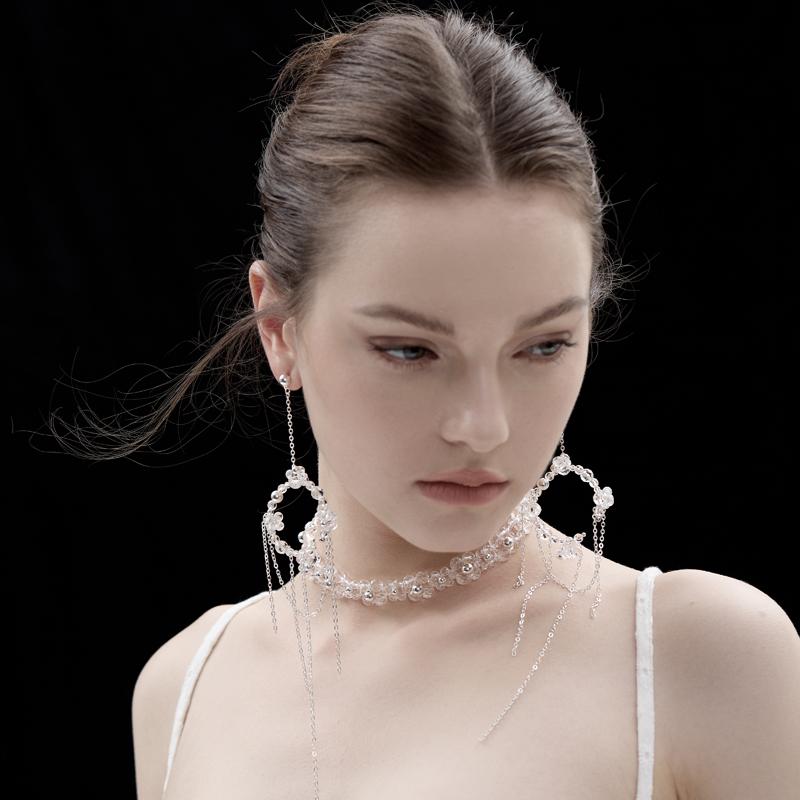 超仙森系圆珠水晶超长流苏耳环