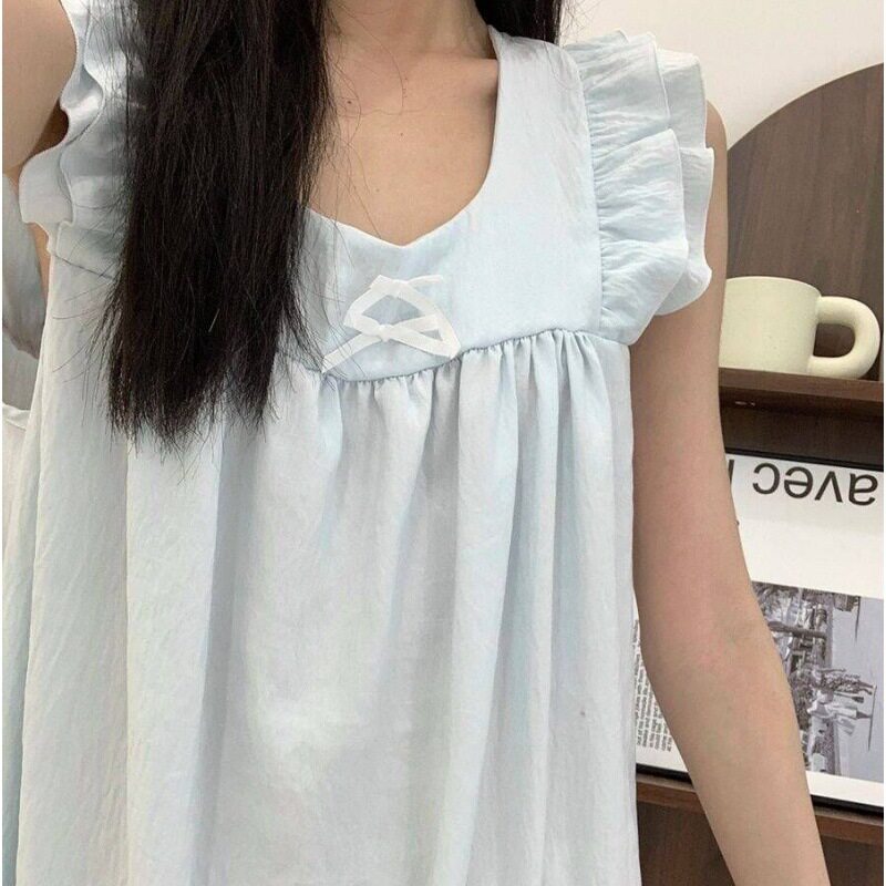 小飞袖吊带云朵棉睡裙女夏季蝴蝶结宽松中长款甜美纯色学生家居服