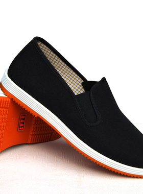 中年男款黑色水晶底老北京方口布鞋松紧口布面套脚平底透气休闲鞋