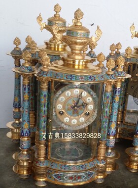 景工座钟 景泰蓝机械座钟 纯铜镀金 15天机芯带报时