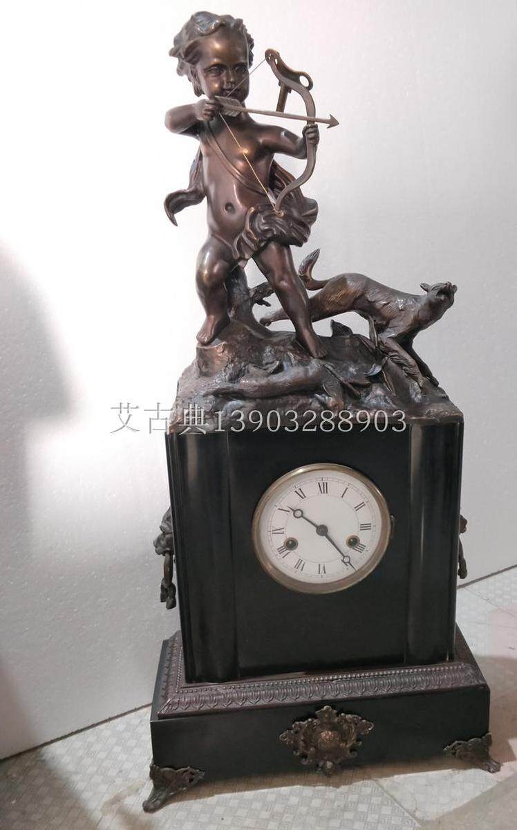 钟表复古欧式撞色镀金白色大理石纯铜机械牧童座钟新品