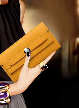 里外真皮长款钱包女百搭2026新款软牛皮黄色招财大容量手包放手机