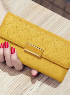 黄色招财真皮长款钱包女2025新款小香风菱格软牛皮钱夹放手机手包