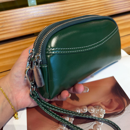 丝芙伦植鞣牛皮双拉链手拎零钱包