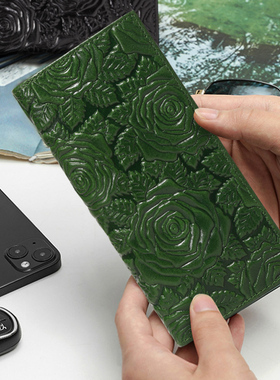 纯牛皮立体压花长款折叠钱包男女通用真皮超薄多卡位证件包大钞夹