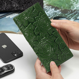 纯牛皮立体压花长款 折叠钱包男女通用真皮超薄多卡位证件包大钞夹