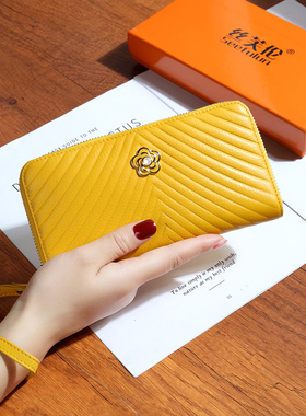 纯牛皮长款拉链钱包女百搭2026新款真皮手拎包黄色招财皮夹放手机