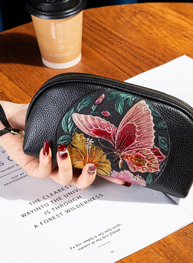 纯牛皮立体压花大容量零钱包女2026新款真皮便携小手包手拎手机包