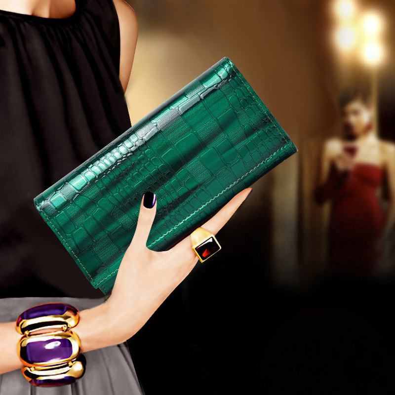 时尚真皮亮皮多卡位多隔层长款折叠钱包鳄鱼纹牛皮大钞钱夹放手机