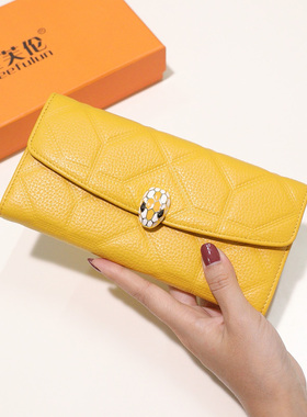 纯牛皮黄色招财长款钱包女2025新款气质小手拿包放手机大容量钱夹