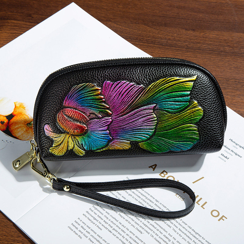 高档牛皮大容量零钱包民族风工艺真皮手拎零钱包休闲百搭手拿包女