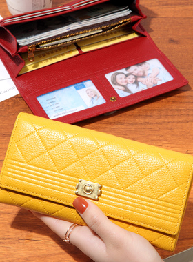 黄色招财真皮长款钱包女小香风2025新款双照片位钱夹大容量放手机