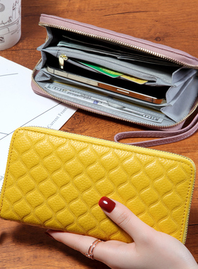 黄色招财长款真皮手拎钱包女防消磁防盗刷小香风菱格大容量放手机