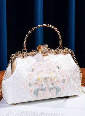 国风刺绣提花手提小包高档镶钻合金宴会包大容量礼服旗袍包晚宴包