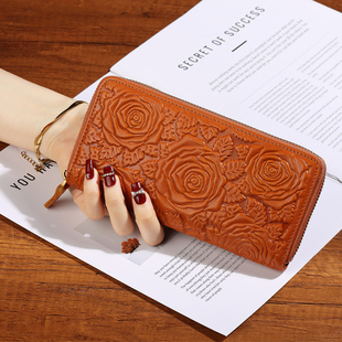 高档牛皮立体压花长款 拉链钱包手包男女通用大容量大钞钱夹放手机