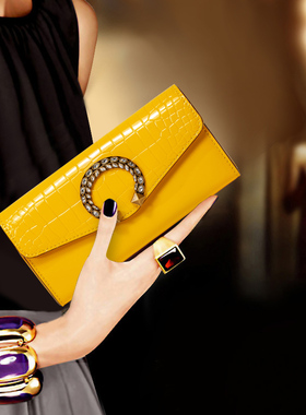 高级感真皮长款手拿钱包黄色招财钱夹镶钻鳄鱼纹亮皮大钞夹放手机