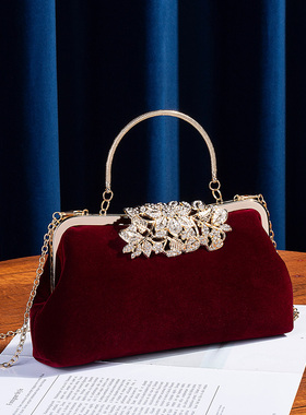 高档合金手提小包包宴会包名媛气质丝绒大容量晚宴包喜婆婆新娘包