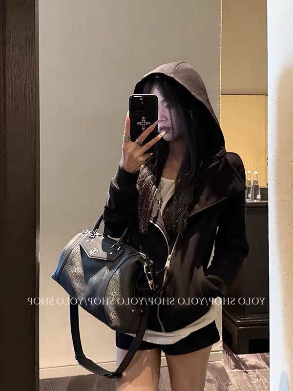 YOLO SHOP 黑色连帽卫衣女修身百搭设计感翻领美式开衫外套上衣