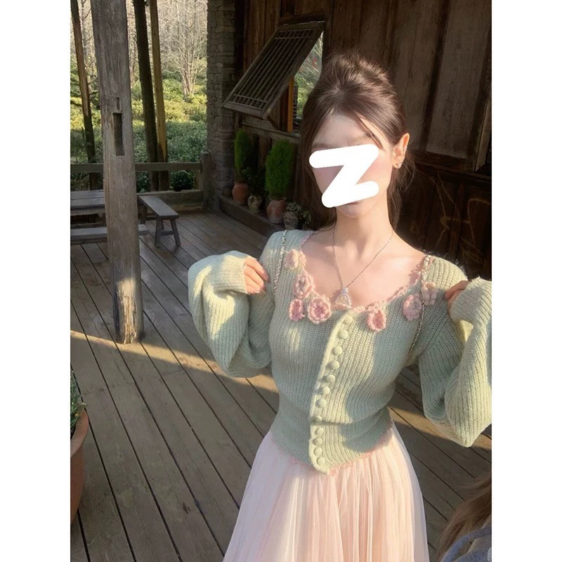 套装女2025春季新款甜美温柔风立体花朵针织毛衣开衫高腰半身裙潮