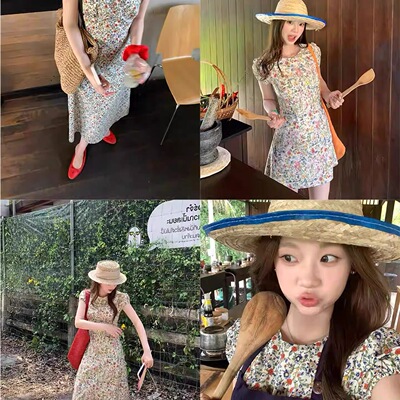 im向3.26尼斯花市’复古碎花圆领泡泡袖收腰连衣裙 长/短款