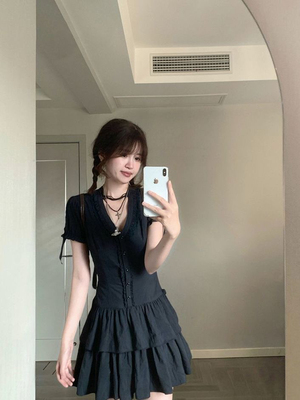 CallmeEar//夜海辰砂蕾丝花边v领短袖连衣裙夏季短款A字裙