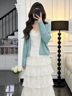 【新品】WESTAYONE薄荷绿毛衣开衫+蕾丝蛋糕吊带连衣裙女春夏新款