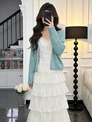 【新品】WESTAYONE薄荷绿毛衣开衫+蕾丝蛋糕吊带连衣裙女春夏新款