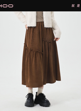 NHOO恩逅灯芯绒半身裙女新款碎褶休闲半裙高腰松紧半身裙新款裙子