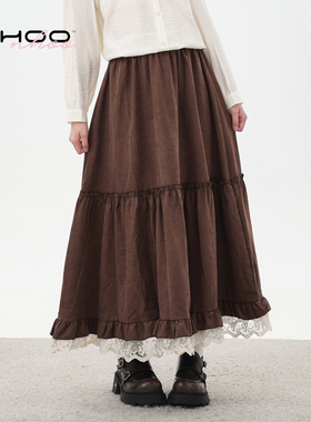 NHOO恩逅 秋冬新款半身裙女复古百搭碎褶花边蛋糕裙咖色针织裙子