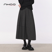 NHOO恩逅 裙子 毛呢半裙中长款 经典 百搭格纹分割半身裙秋冬新款