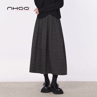 NHOO恩逅 经典百搭格纹分割半身裙秋冬新款毛呢半裙中长款裙子