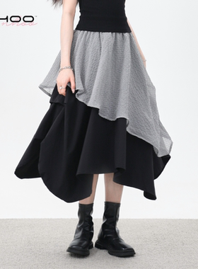 NHOO 原创设计不规则双层撞色半身裙夏季2025薄款a字格纹网纱裙子