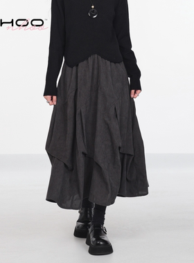NHOO恩逅 褶皱设计感A字灯芯绒半身裙女秋冬新款棕色中长款裙子