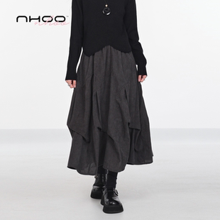 NHOO恩逅 褶皱设计感A字灯芯绒半身裙女秋冬新款棕色中长款裙子