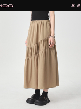 NHOO恩逅 不对称碎褶半身裙度假风女裙小众设计感松紧腰大摆A字裙