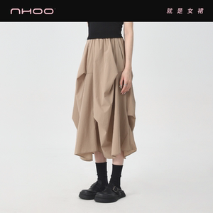 NHOO女裙 不规则褶皱中长款伞裙高腰松紧腰半身裙子2024新款夏季