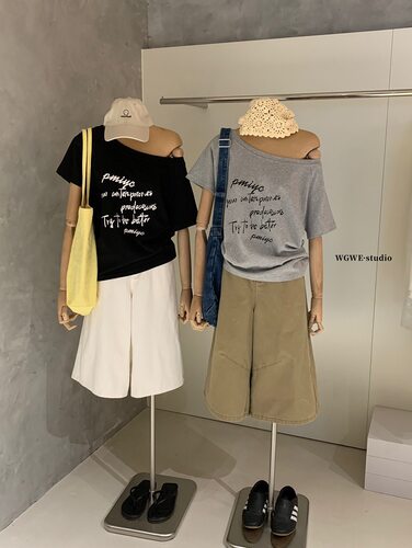 夏季WGWE复古字母印花斜肩短袖T恤夏季简约休闲百搭宽松显瘦