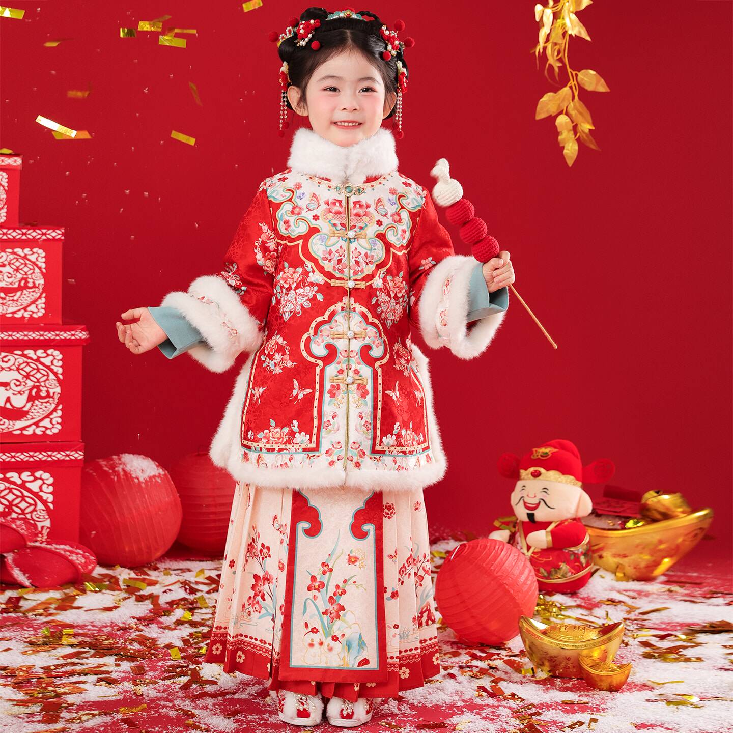 汉服女童冬季儿童马面裙过年喜庆唐装国风新年拜年服2026新款冬装