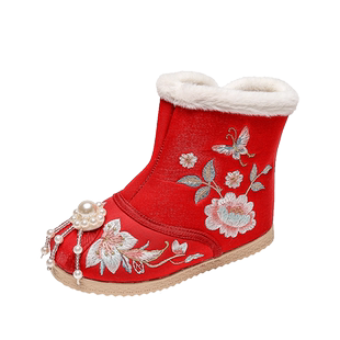 冬季加绒雪地短靴女民族风女童老北京儿童布鞋棉鞋靴子汉服绣花鞋