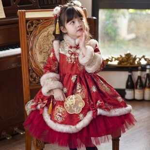 女童国风拜年服连衣裙冬季2026新款儿童过年新中式汉服公主裙冬款