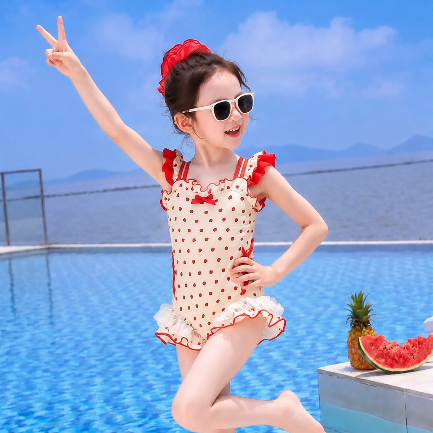 女童夏季度假泳衣2026新款儿童波点蝴蝶结连体泳装女宝甜美游泳装