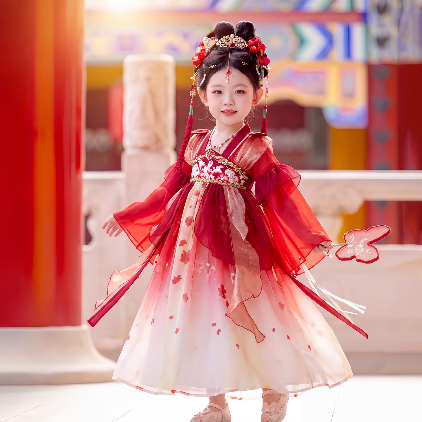 女童汉服秋季儿童古装2026新款中国风唐装红色襦裙古风公主连衣裙