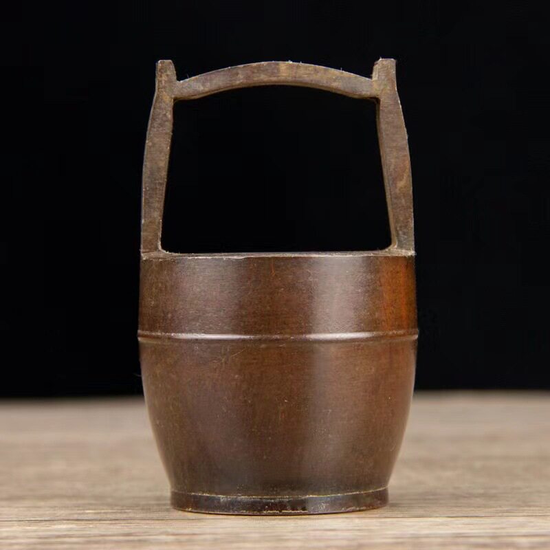红漆古纯铜一桶金小水桶收藏品书桌办公桌古风装饰品铜器仿古摆件