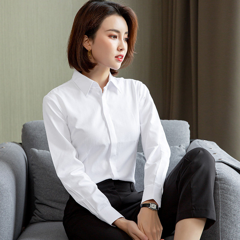 春季女士长袖衬衫韩版修身暗门襟白色衬衣单排多扣百搭工装正装