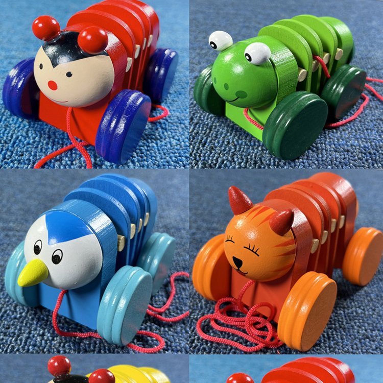 1-3-6岁幼儿园儿童学生木制质益智力早教玩具学步拖拉毛毛虫礼物