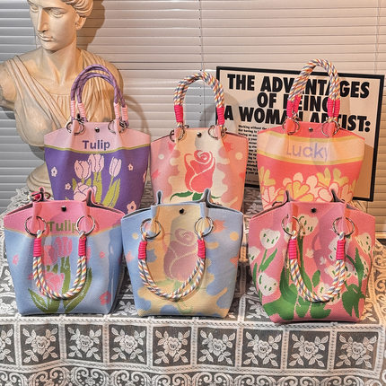 原创春日花朵手提针织包节日礼物伴手礼品袋子送老师高颜值手拎包