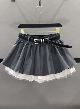 灰色蓬蓬半身裙裤女2026夏季设计感网纱拼接减龄高腰显瘦A字短裙