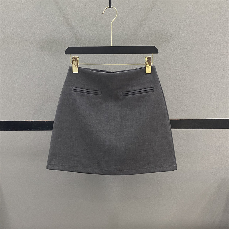 灰色高腰西装半身裙A字包臀短裙