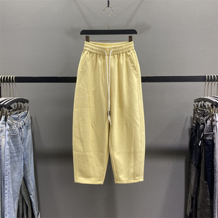 松紧腰宽松小个子九分阔腿老爹哈伦裤 黄色休闲运动卫裤 女2026春季
