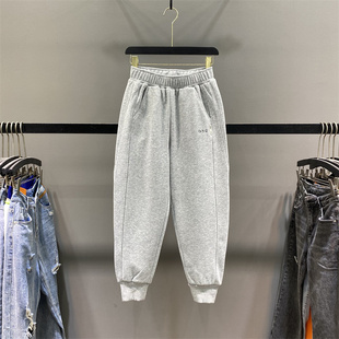2025松紧高腰宽松九分萝卜哈伦卫裤 灰色束脚休闲运动裤 女加绒冬季